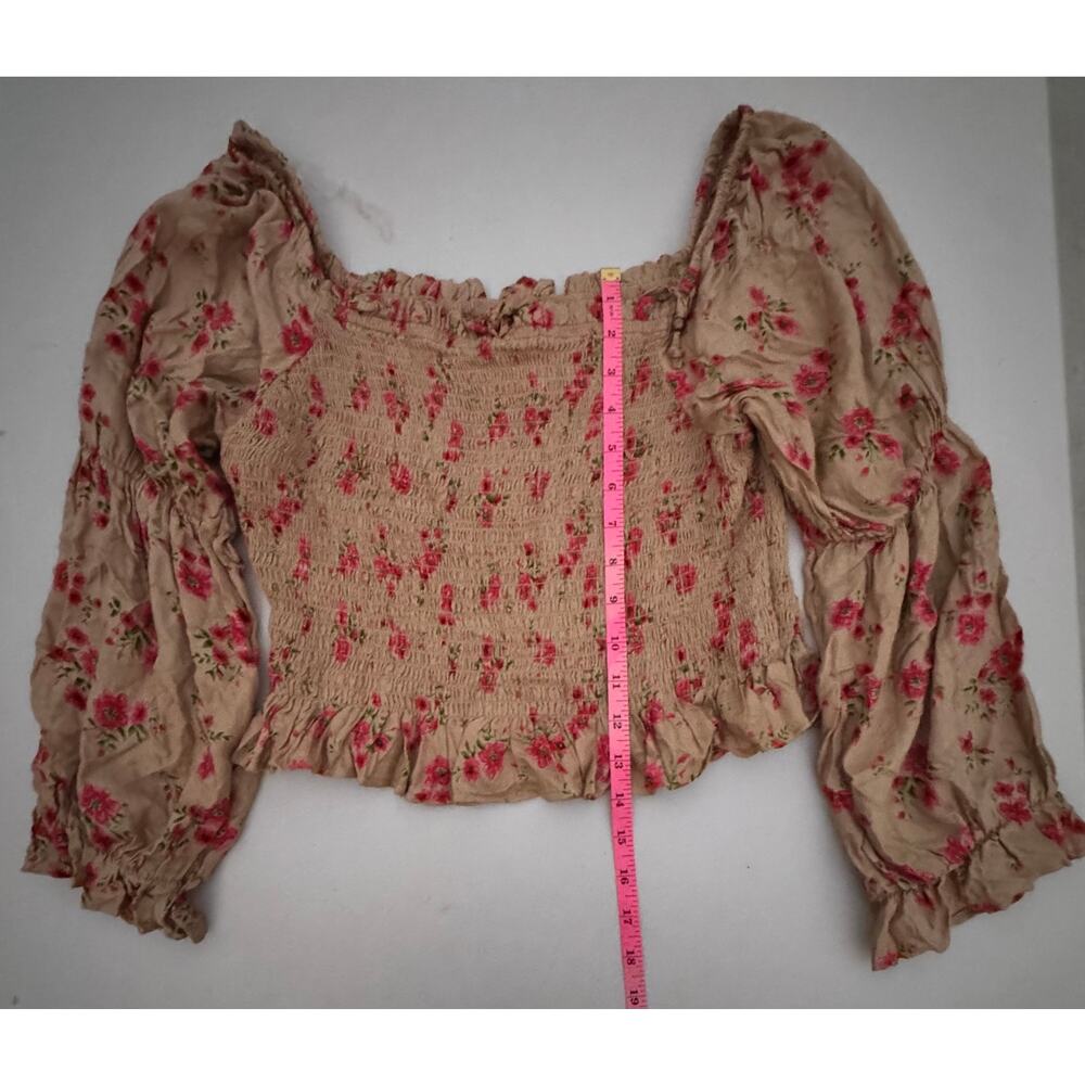 Angie Boho Floral Smocked Crop Top Cottagecore Balloon Sleeve Large - Picture 4 of 5